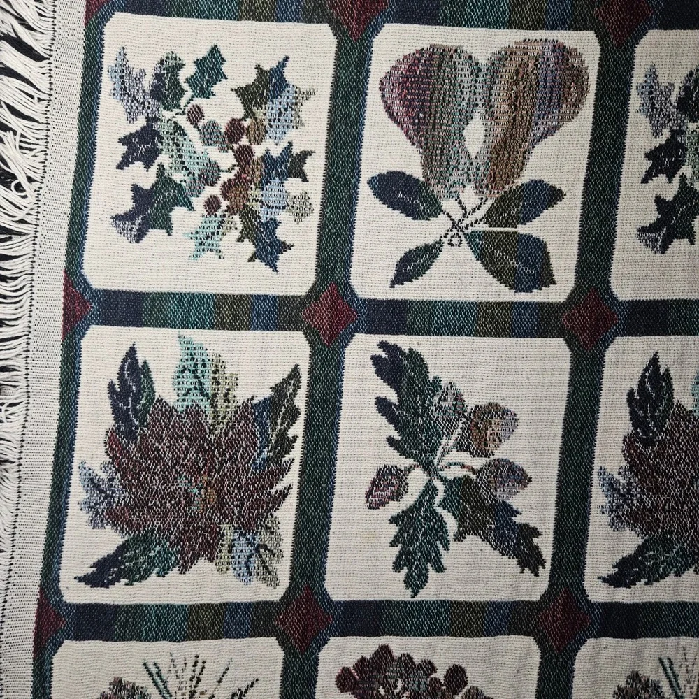 Vtg Goodwin Weavers Cotton Tapestry Throw Blanket Birds Fruit Botanical‎ USA
